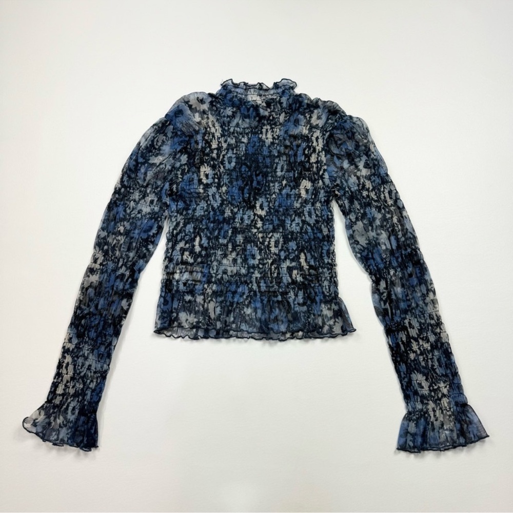 Women’s Free People Blue Hello There Smocked Sheer Long Sleeve Top Size M
